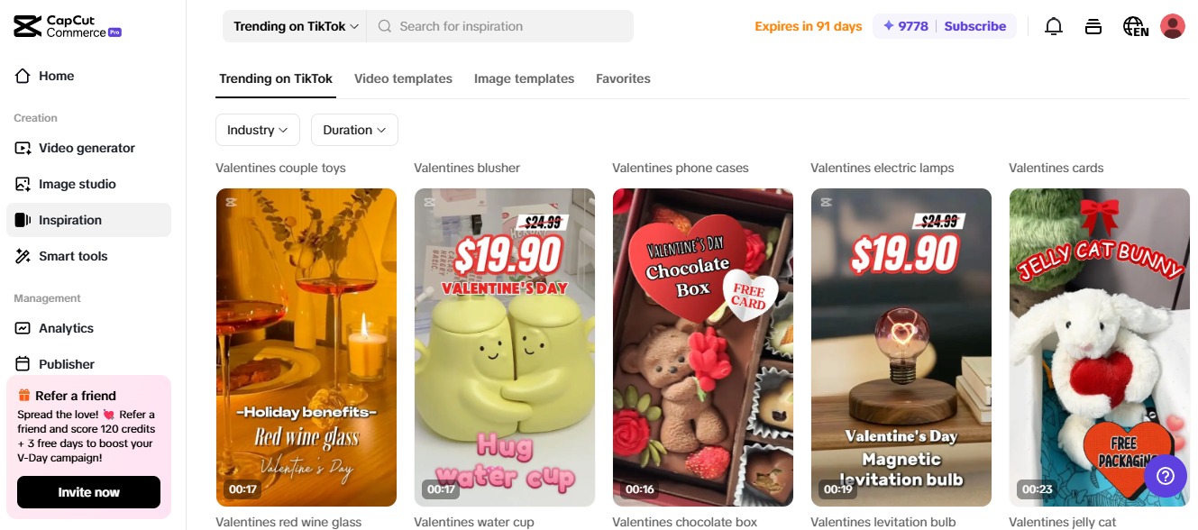 CapCut Commerce Pro interface with trending Valentine's Day product templates on TikTok, ideal for eBay store optimization.